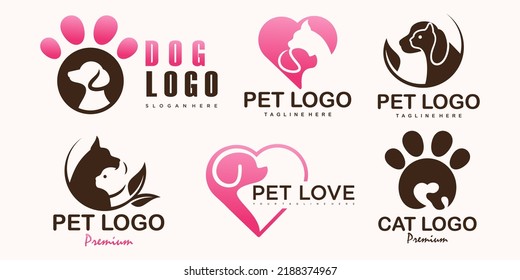 Pet care icon set logo with dog and cat silhouette symbol for store veterinary clinic hospital