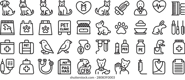 Pet Care Icon Set with Outline Animals, Health Medicine, Clinic Signs, and Grooming Related Symbols Featuring Petcare, Icons