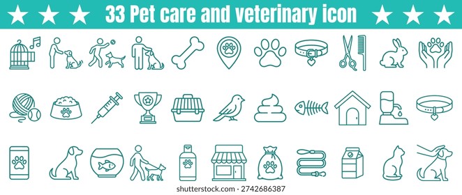 Pet care icon set, veterinary line art icons featuring domestic animals, vet supplies, and grooming services