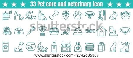 Pet care icon set, veterinary line art icons featuring domestic animals, vet supplies, and grooming services