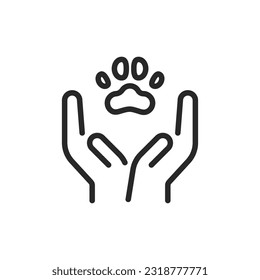 Icono de cuidado de mascotas. Signo editable de contorno de vector de protección animal y cuidado de mascotas responsable. Ilustración vectorial de las manos sosteniendo el cartel de una pata de mascotas.