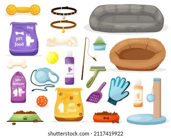 Pet care icons. Accessories for cats. Flat vector illustration. Feed, toys, bowl, collar. Products for the pet shop.