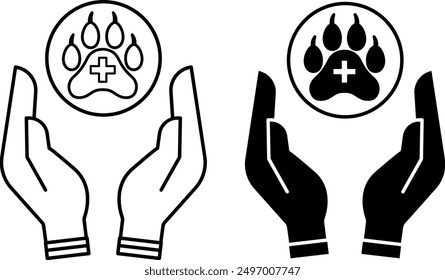 Pet Care Icons. Black and White Vector Icons. Animal Paw with Cross and Human Hands. Help Animals, Volunteer, or Donate