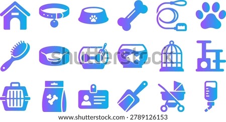 Pet care icons collection with gradient colors. Includes house, collar, bowl, bone, leash, paw, brush, bed, litter box, fishbowl, cage, cat tree.