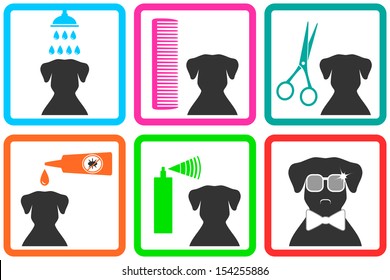 pet care icons with fashion doggy with sunglasses svg