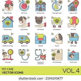 Pet Care Icons Including Animal Hospital, App, Bath, Beauty Salon, Bird, Brush And Comb, Cat Breeder, Cat, Contact Us, Dental Cleaning, Disease Prevention, Dog Breeder, Dog Training, Dog Walking, Dog