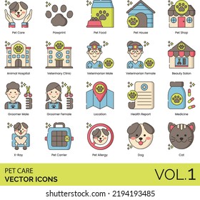 Pet Care Icons Including Animal Hospital, App, Bath, Beauty Salon, Bird, Brush And Comb, Cat Breeder, Cat, Contact Us, Dental Cleaning, Disease Prevention, Dog Breeder, Dog Training, Dog Walking, Dog