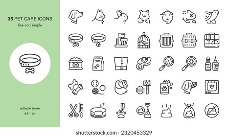 Pet Care Icons Set. Pet Care Accessories. Dogs, Cat, Rodents and other domestic pets goods for health, grooming and wellness. brush, eye drops, tick treatment, scooper. Editable Outline Collection.	