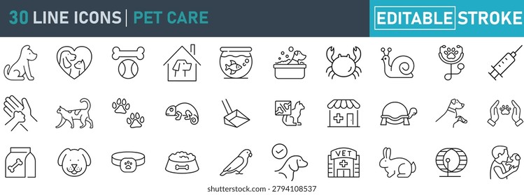 Pet Care Line Icon Set. Contains icons related to pet health, veterinary clinic, animal care, pet grooming, dog, cat, rabbit, bird, fish, pet supplies, and more . Editable stroke. Vector illustration.
