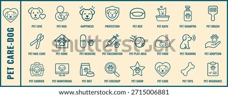 Pet Care Line Icon Set for Dog – 24 Vector Pictograms for Veterinary and Animal Health