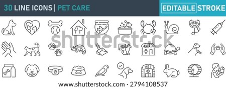 Pet Care Line Icon Set. Contains icons related to pet health, veterinary clinic, animal care, pet grooming, dog, cat, rabbit, bird, fish, pet supplies, and more . Editable stroke. Vector illustration.