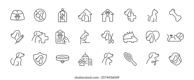 Pet care line icons: dog, bird, veterinary, grooming, accessories. Vector icon