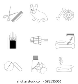 Pet care linear icons set. Accessories to pet grooming, vector illustration