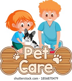 Pet Care logo or banner with veterinary doctor and dog on white background illustration