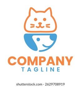 Pet care logo with cat and dog line art. Vector logo design template for pet shops veterinary clinics