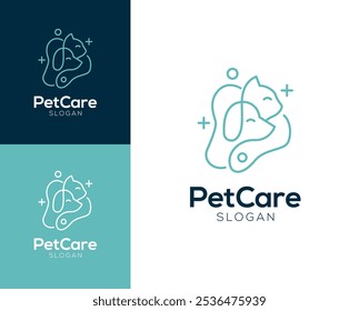 Pet care logo. Cats and dogs with line style vector logo design.