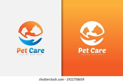 Pet Care Logo Design. Abstract Cat and Dog Silhouette Inside Circle. Vector Logo Illustration.