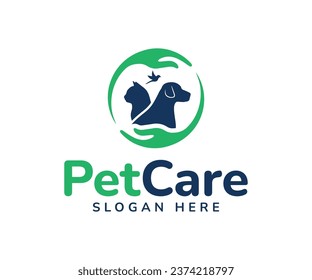 Diseño del logotipo de cuidado de mascotas. Logo animal con símbolos de perro, gato, pájaro y mano