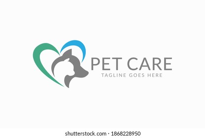 Pet Care Logo Design. Cat And Dog with Heart Shape for Pet Community, Foundation, Medical Pet Care. Flat Vector Logo Design.