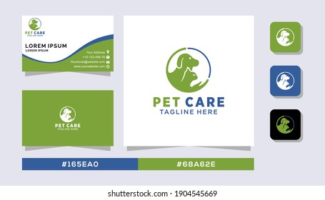 Pet Care Logo design with creative double sided business card minimalist, clean and elegant design branding, green and blue