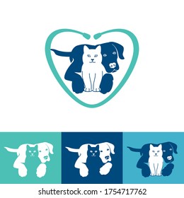 Pet care logo design with dog and cat for your pet shop, pet care, veterinary clinics, veterinary hospital  and animal shelters homeless, etc. Pet dog and cat icon. Vector illustration.