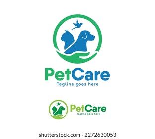 Pet care logo design. Dog, Cat, Bird, and Hand symbols