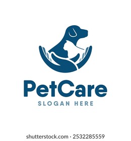 Diseño de logotipo de cuidado de mascotas con símbolos de perro, gato y mano. Cuidado animal Plantilla de diseño de logotipo