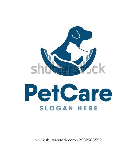 Pet Care Logo Design with Dog, Cat, and Hand Symbols. Animal care Logo design template