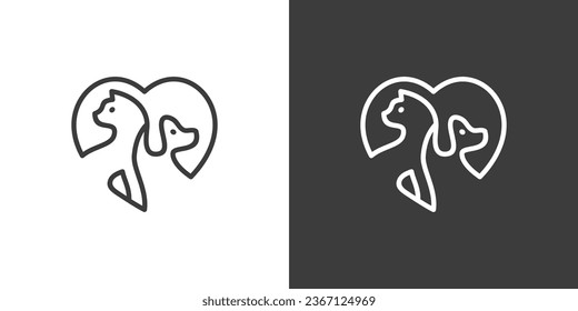 Pet care logo design element. Heart logo with dog and cat with line style graphic vector illustration. Symbol, icon, creative.