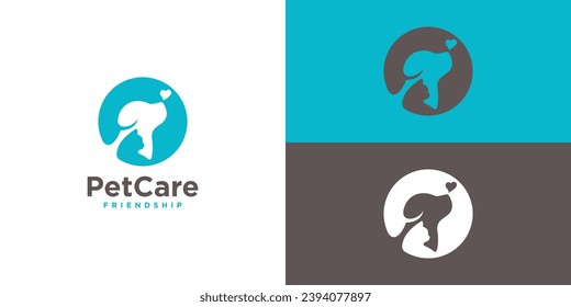 Pet Care Logo Design. Silhouette Negative Space Cat Dog Circular with Minimalist Style.