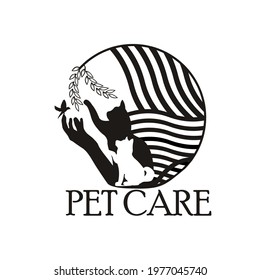 pet care logo design template. bird, cat and dog silhouette with hand care illustration. suitable for cat lovers, dogs, pet shops. animal monoline logo
