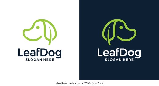 Plantilla de diseño del logotipo de cuidado de mascotas. Logotipo de hoja con perro con diseño de línea vectorial gráfico. Símbolo, icono, creativo.