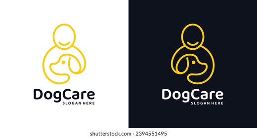 Plantilla de diseño del logotipo de cuidado de mascotas. Logo de personas con perro con diseño de línea de vector gráfico. Símbolo, icono, creativo.