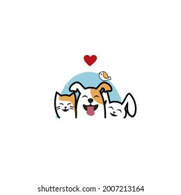 Pet care logo design; a design that combines cute pet dogs, cats, rabbits and love so that they look happy