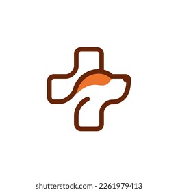 Pet care logo design. Vector illustration of abstract dog head and plus icon. modern linear medical logo design vector icon template
