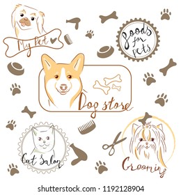 Pet Care Logo with Dog, Cat Symbols. Grooming Vet clinic Pet store shop