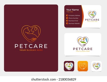 Pet care logo with dog, cat, and hand symbols Vector design
