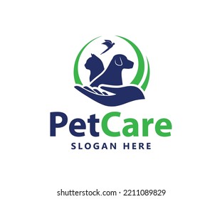 Pet care logo with dog, cat, bird, and hand vector template