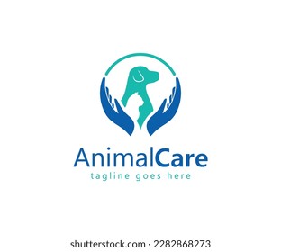 Pet Care Logo with Dog, Cat, and Hand Symbols