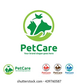 Pet Care Logo with Dog, Cat, Bird and Hand Symbols