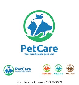 Pet Care Logo with Dog, cat and Bird Symbols