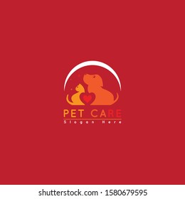 pet care logo in the form of a cute dog and cat that love each other in a love line and protected by a sickle and a combined color make this design unique, modern.