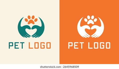 Pet Care Logo with Hands and Paw Print Animal Love and Protection Symbol