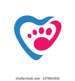 pet care logo, love and palm of animal in flat style, logo design