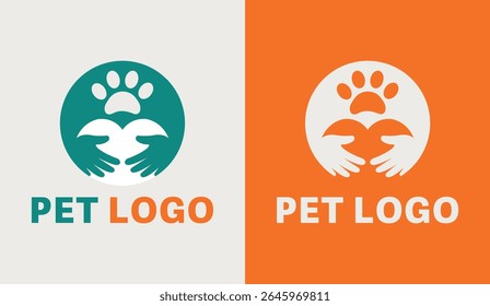Pet Care Logo Set Hands and Paw Print in Circle Animal Love and Protection
