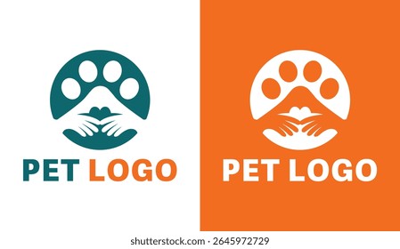 Pet Care Logo Set Hands and Paw Print in Circle Animal Love and Protection