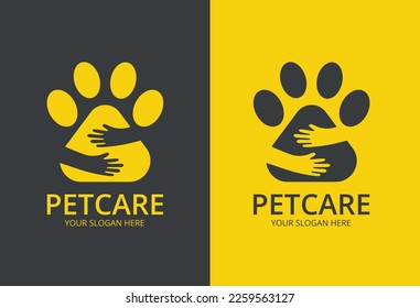 Pet Care Logo Template Design Vector. Pets Care Logo Design Illustration. Pet Care Logo with Dog paw and Hand Symbols