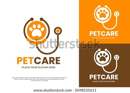 Pet Care logo template. A stethoscope forming a heart shape around a paw print. Ideal for a veterinary clinic, animal hospital, or pet health brand.