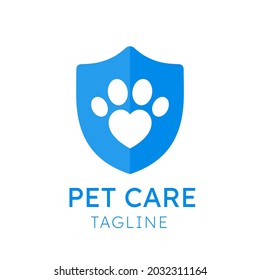 Pet Care Logo Vector Template. Heart Shape Paw With Shield Protection Care Design. This Design Can Be Used In Pet Rescue, Pet Clinic And Veterinary.