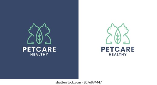 pet care, nature pet store logo design cat and dog combination.